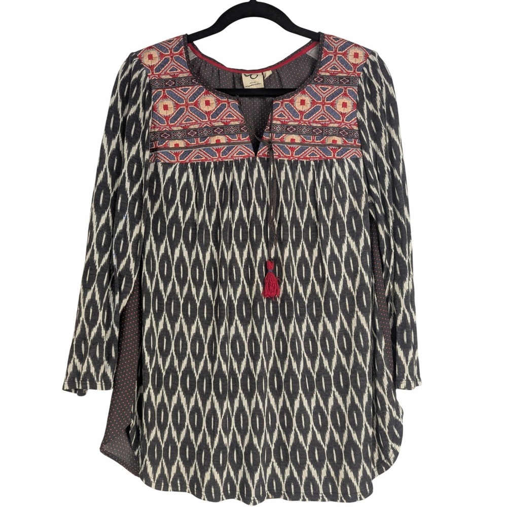 M One September Anthropologie Layered Ikat Boho Artsy Embroidered Tunic Top